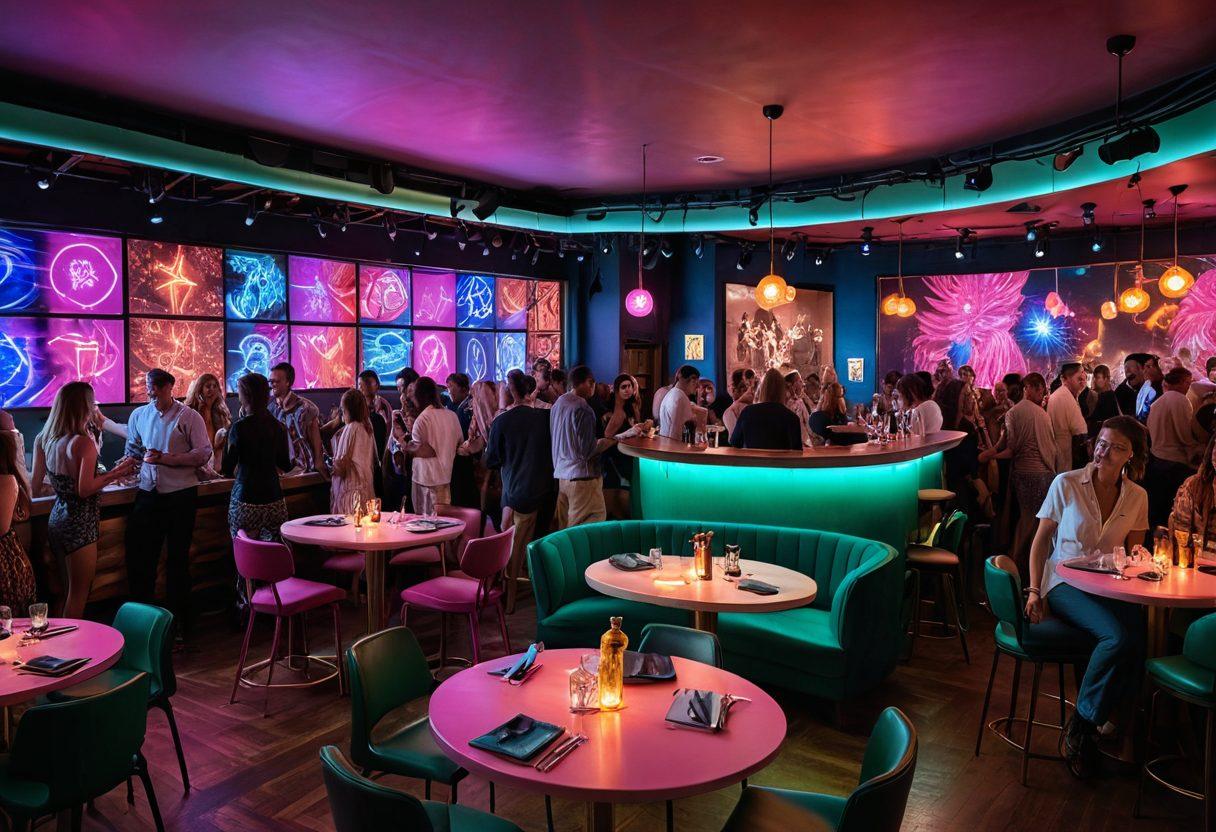 A vibrant collage showcasing a lively club scene with people dancing, socializing, and enjoying diverse entertainment activities. Include neon lights, cocktails, and live music elements to capture a dynamic nightlife atmosphere. Incorporate varied cultural influences in fashion and decor to represent social trends. super-realistic. vibrant colors. energetic atmosphere.