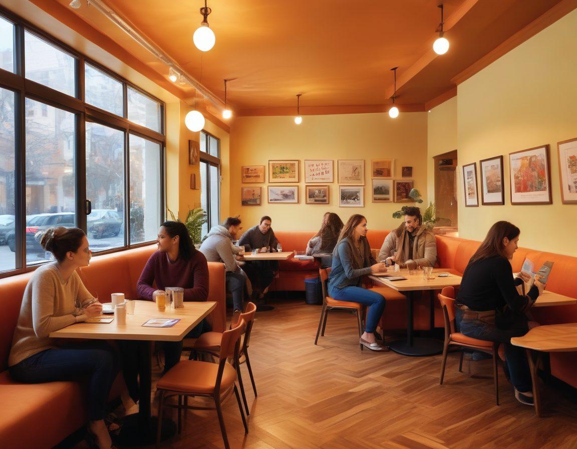 A cozy café scene filled with diverse group of people engaged in animated discussions. Include warm lighting, comfortable seating, and event flyers on tables. Capture a vibrant atmosphere with coffee cups and laptops, symbolizing the blend of conversation and creativity. Super-realistic. Warm and inviting colors.