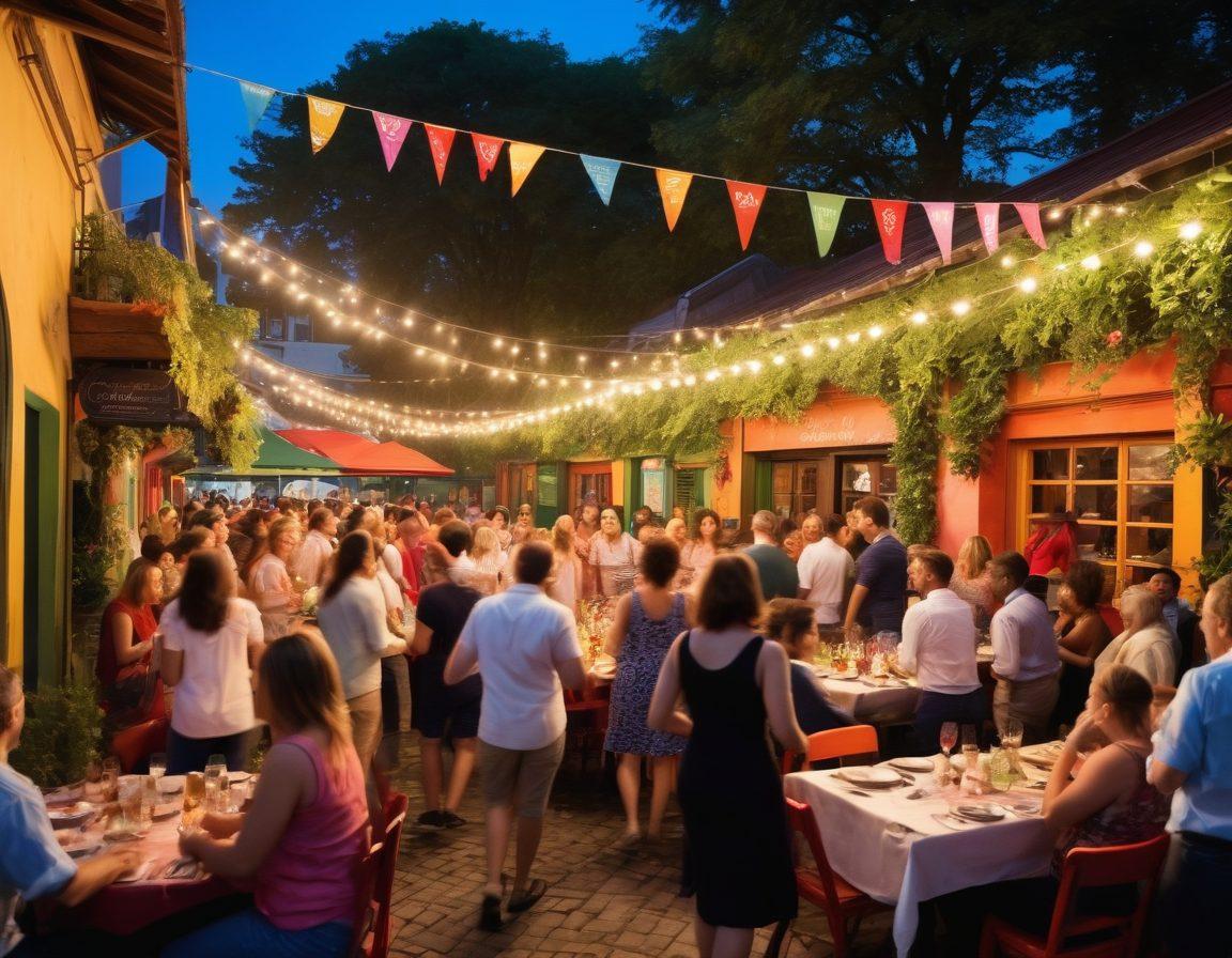 A vibrant scene depicting a lively community gathering at the Coquin Club, featuring a diverse group of people engaging in various fun activities like dancing, playing games, and enjoying local food. Brightly colored banners and club branding create an inviting atmosphere. Include a backdrop of trendy local architecture and greenery to emphasize a community vibe. super-realistic. vibrant colors. immersive atmosphere.